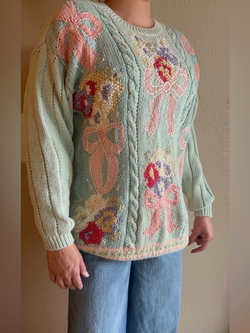 Vintage Chaus Mint Cable-Knit Sweater with Pink Bows & Multicolor Floral